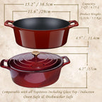 La Cuisine - Olla ovalada de hierro fundido esmaltado para horno holandés con tapa, 5 cuartos de galón, revestimiento interno de esmalte negro mate, mango de tapa de acero inoxidable chapado en oro, apto para horno