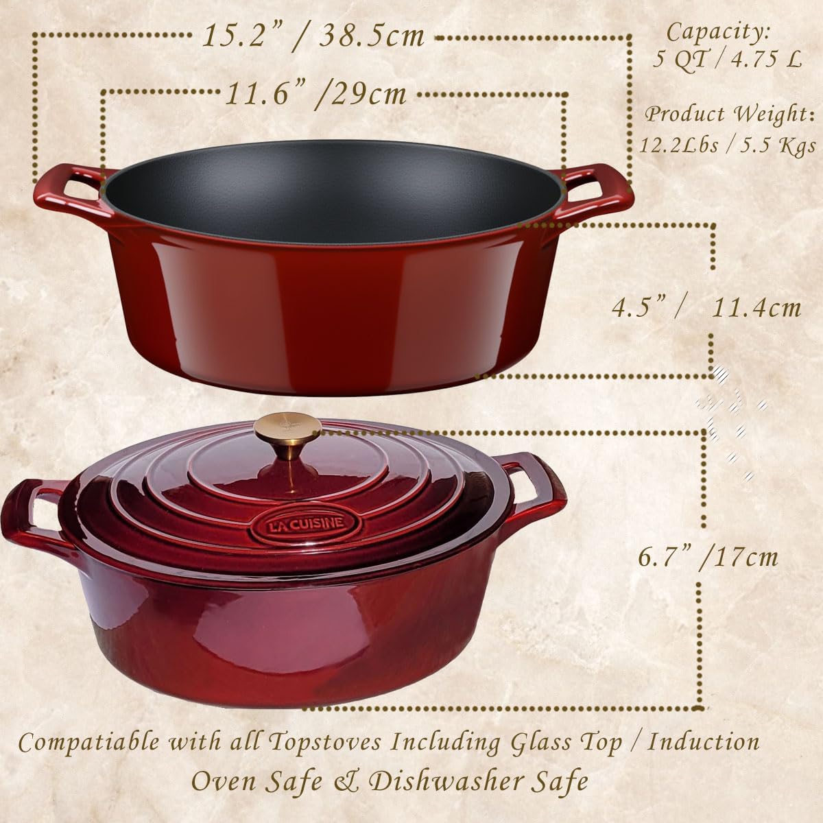 La Cuisine - Olla ovalada de hierro fundido esmaltado para horno holandés con tapa, 5 cuartos de galón, revestimiento interno de esmalte negro mate, mango de tapa de acero inoxidable chapado en oro, apto para horno