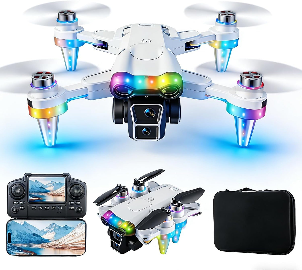 Drones para niños de 8 a 12 años con cámara – Drone con cámara para niños y principiantes, mini dron para niños con luces LED de lujo, pantalla FPV integrada de 2.4 pulgadas, baterías duales, regalo
