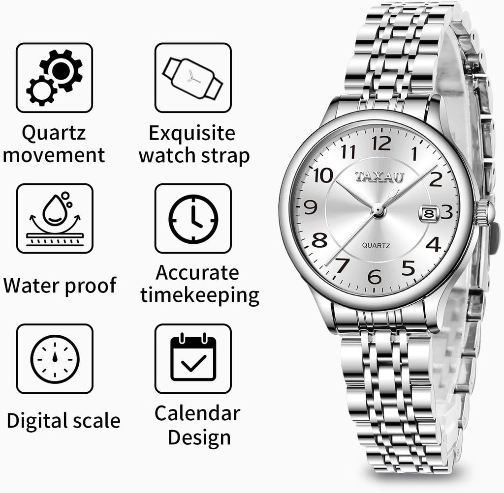 Reloj de Mujer Elegante Analógico a Cuarzo con Carga de Fecha, Números Arábigos Grandes, Impermeable, Dos Tonos, Acero Inoxidable, Pequeño, Reloj de Muñeca