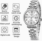 Reloj de Mujer Elegante Analógico a Cuarzo con Carga de Fecha, Números Arábigos Grandes, Impermeable, Dos Tonos, Acero Inoxidable, Pequeño, Reloj de Muñeca