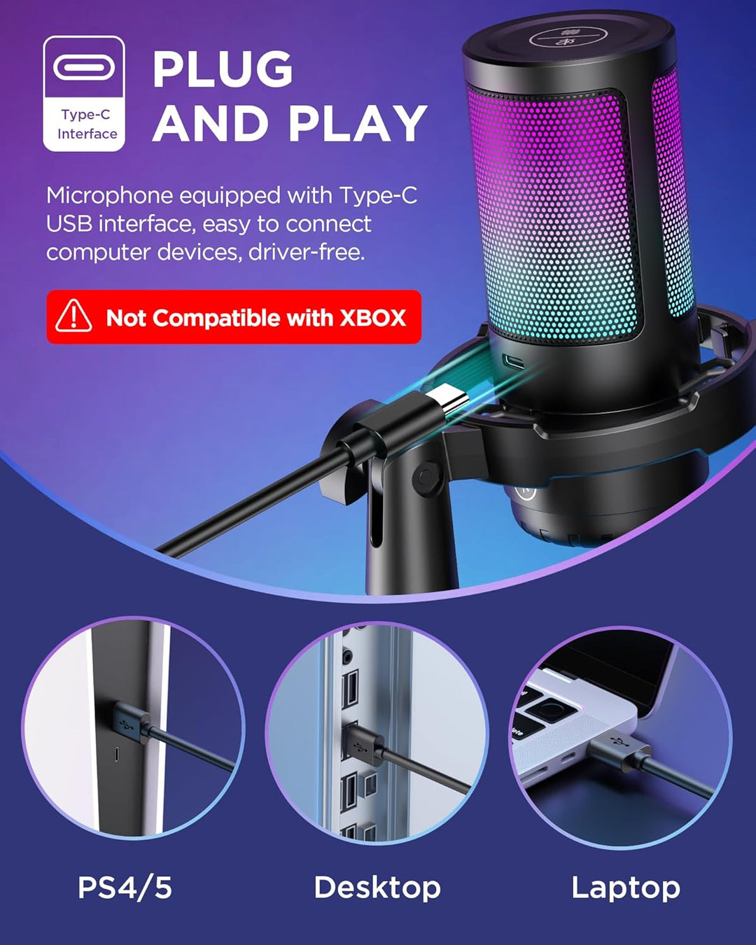 InnoGear - Micrófono USB para juegos, micrófono condensador con can...