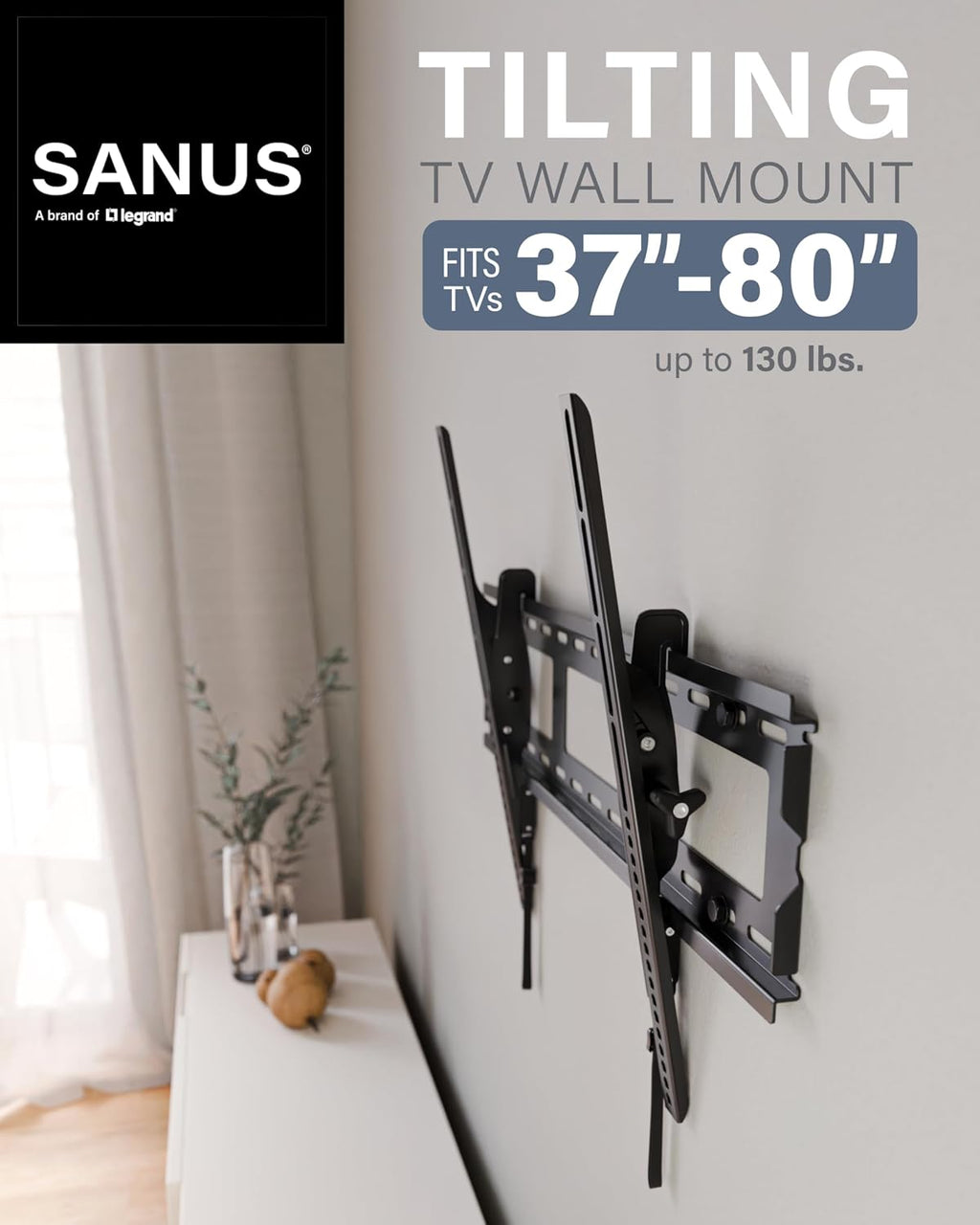 SANUS - Soporte de pared inclinable para televisores de 37 a 80 pulgadas de hasta 130 libras, con certificación UL