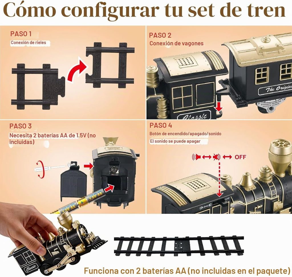 JUQU - Juego de tren modelo a pilas con luz, sonido y pistas