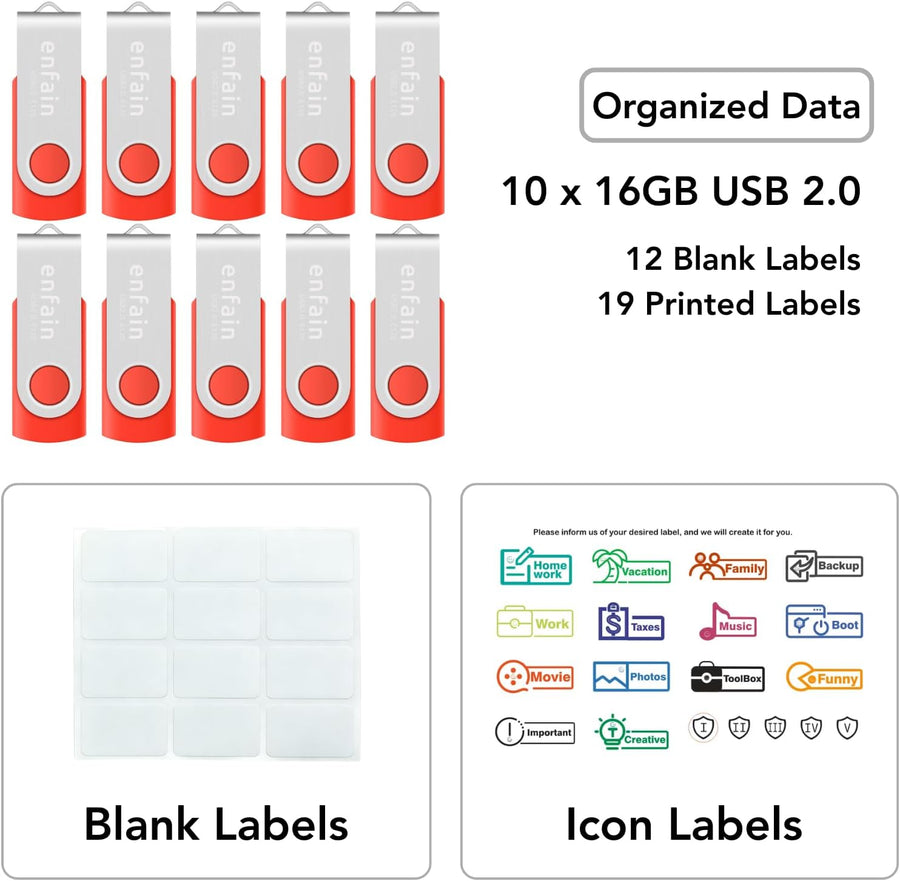 Enfain Unidad Flash USB Roja de 16GB USB2.0 Memory Stick 10 PCS Thu...