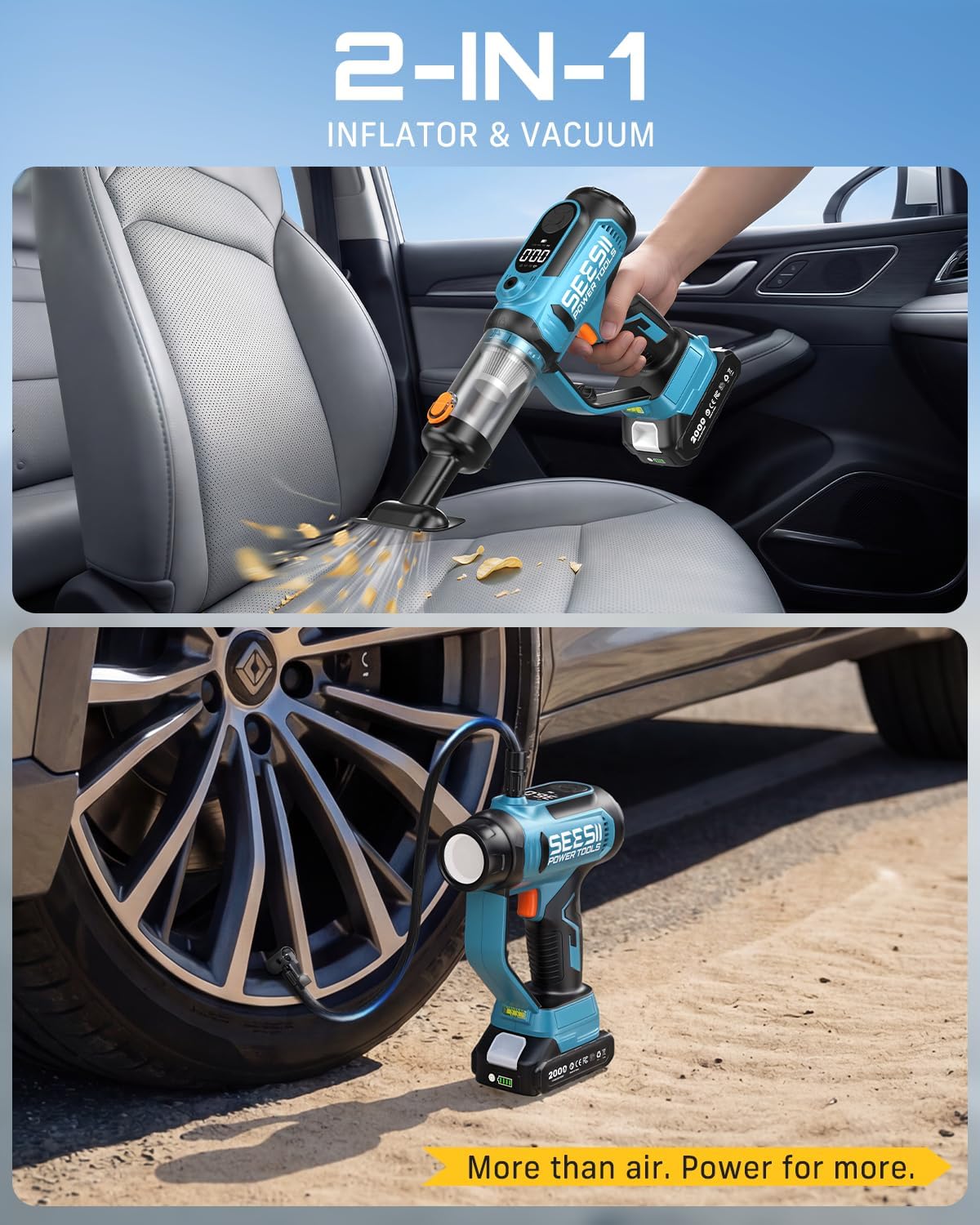 SEESII Inflador de neumáticos 2 en 1 y aspiradora de coche con 2 ba...