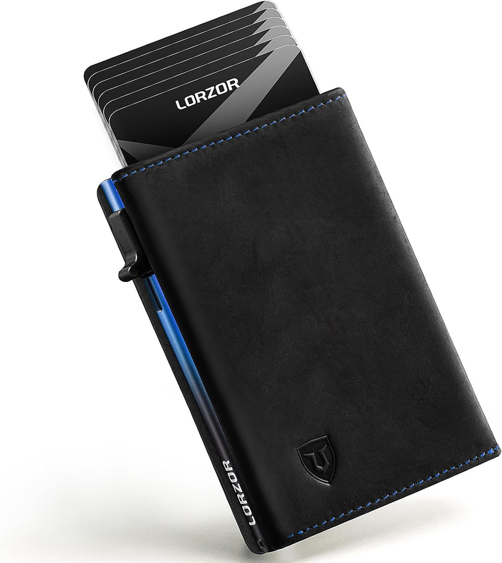 Cartera minimalista para hombre con tarjetero de crédito, cuero de grano completo más fino, billetera inteligente TriPop, billetera delgada triple, desplegable con bloqueo RFID, bolsillo
