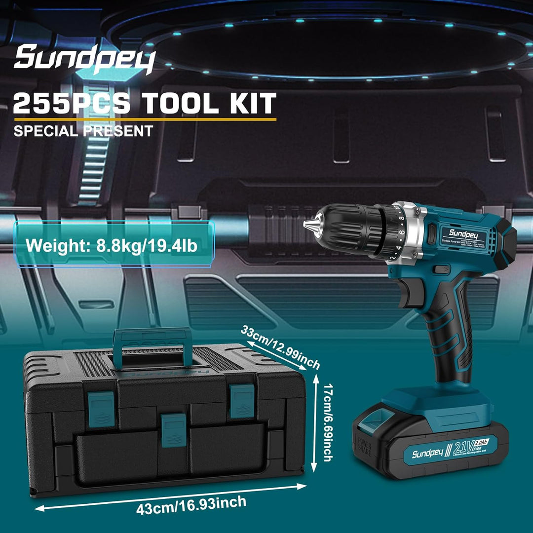 Kit de herramientas con taladro inalámbrico de 21 V - Sundpey 255 p...