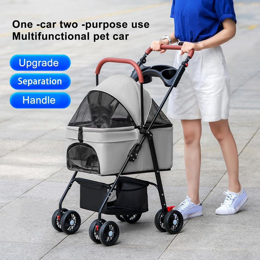Cochecito para mascotas para perros medianos y pequeños – Cochecito plegable de 4 ruedas con cesta de almacenamiento, transportador para perros y gatos, asa ajustable, transportador plegable para cachorros adecuado para viajar con gatos y perros (gris)