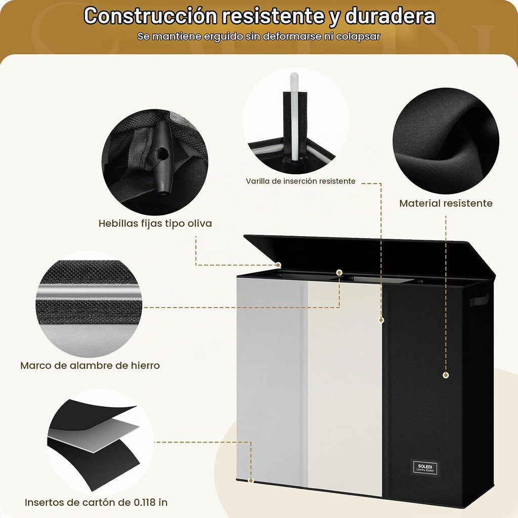 SOLEDI Cesto grande para ropa sucia de 3 secciones con tapa, cesta de