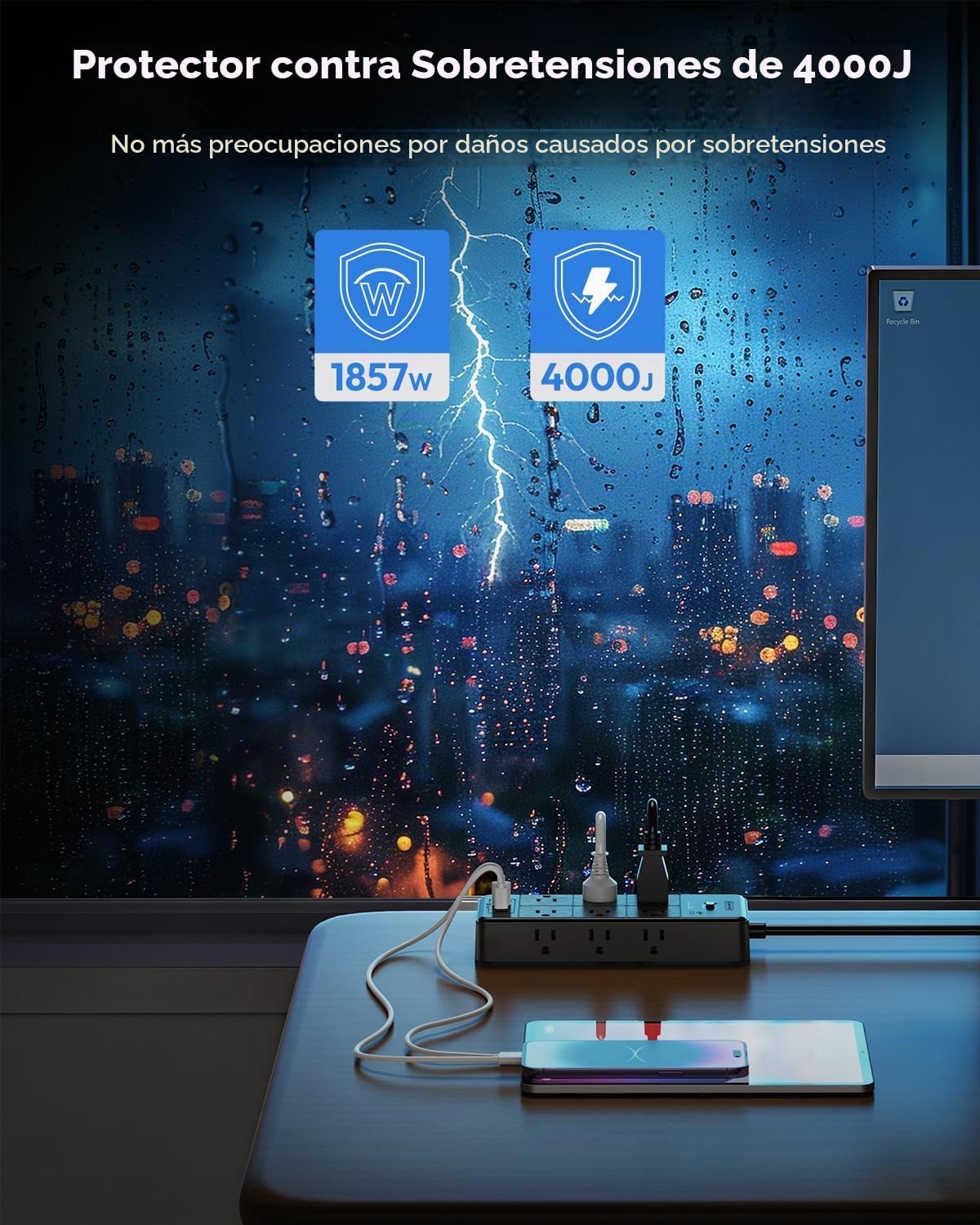 NTONPOWER - Protector de sobretensiones de 20 pies, cable de extensión largo con 12 tomas de corriente y 4 puertos USB (2 USB C), extensor de salida múltiple de 3 lados