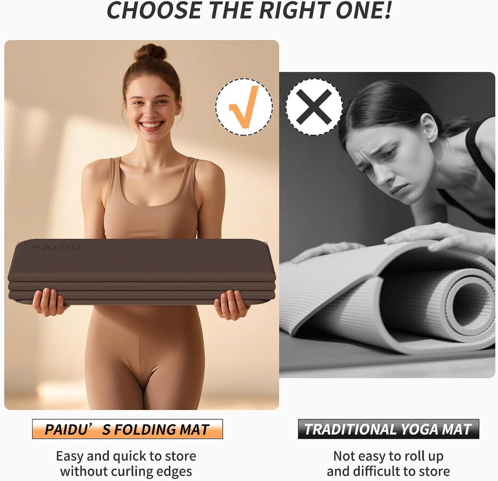PAIDU Esterilla de yoga plegable para fitness, extra gruesa de 2/5 pulgadas (0.394 in) | TPE antideslizante certificado SGS | 75 x 26 pulgadas extra larga | portátil y fácil de almacenar | para yoga
