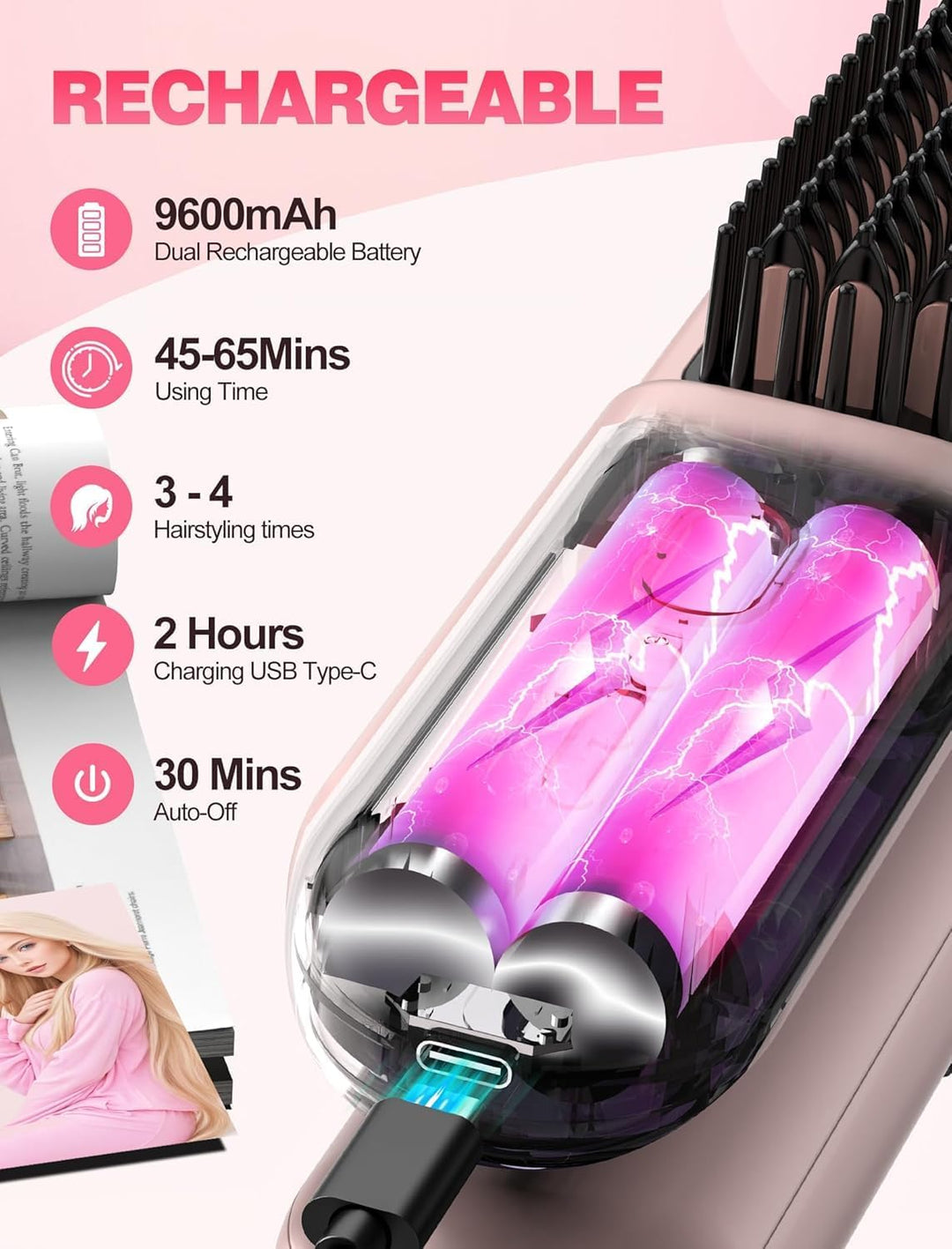 Cepillo alisador de pelo inalámbrico Go Brush Pro para cabello cort...