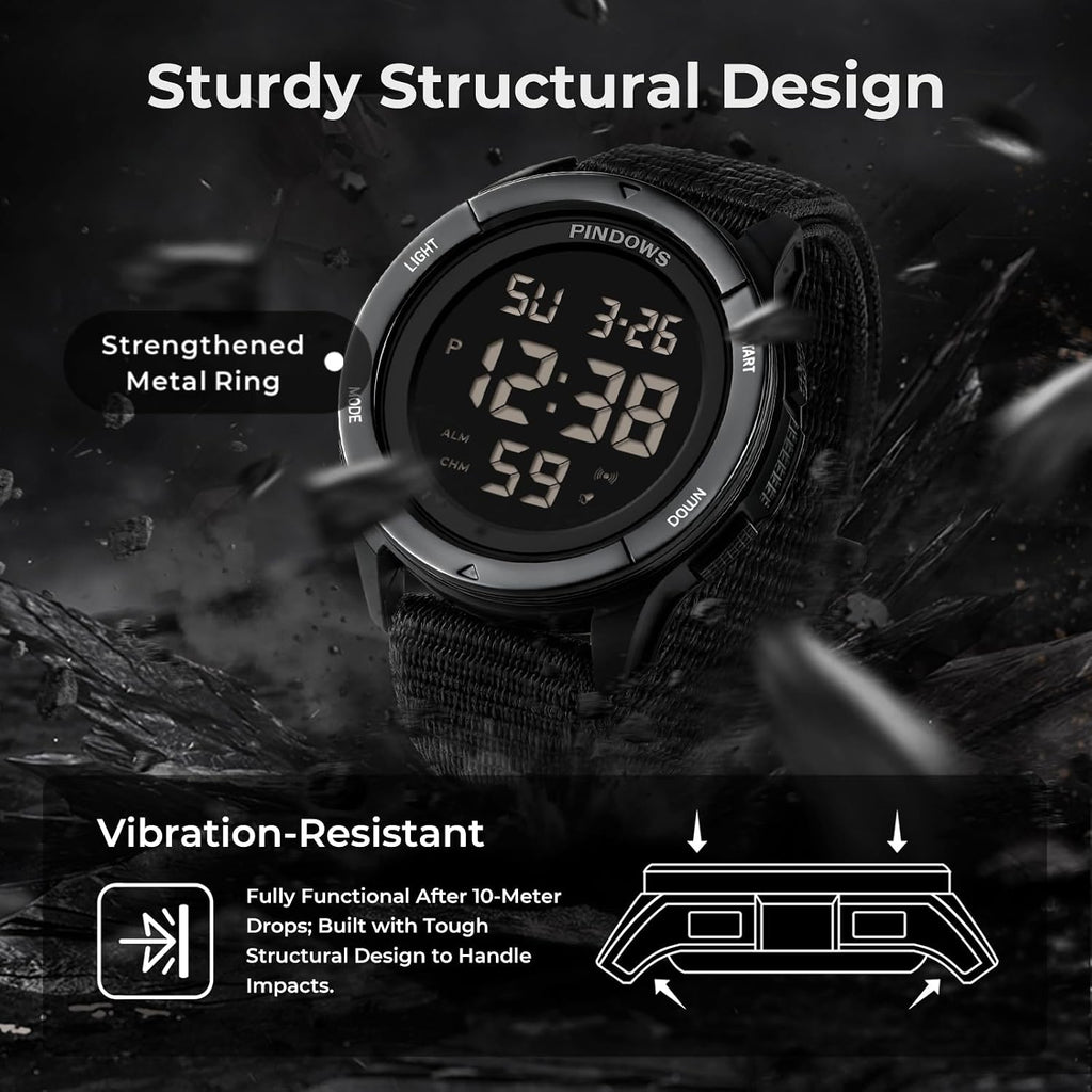 PINDOWS Reloj deportivo digital para hombre, reloj de pulsera táctico militar de cara grande para hombres, resistente al agua hasta 164.0 ft, retroiluminación LED, alarma, cronómetro, reloj resistente