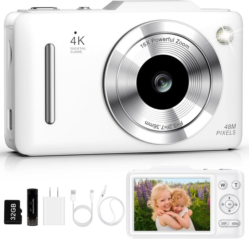 Cámara digital 4K de enfoque automático para vlogging para fotografía con zoom de 16X antivibración, tarjeta de 32 GB, cámara portátil compacta de 48 MP, regalo para niños y niñas principiantes