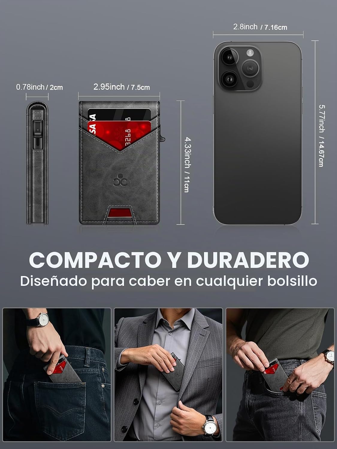 Billetera para hombre con bloqueo RFID minimalista para 12-14 tarjetas | Cartera inteligente delgada y plegable con ventana para identificación y ranura para efectivo, bolsillo frontal, estuche