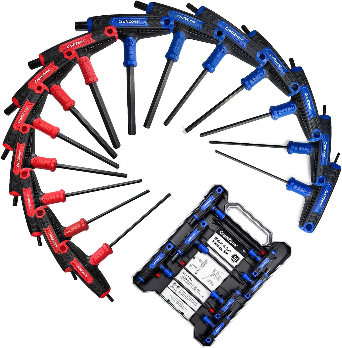 Juego de llaves Allen de 14 piezas, mango en T, métricas y SAE, juego de llaves hexagonales de brazo largo con caja de almacenamiento, juego de llaves Allen portátiles rojas y azules para