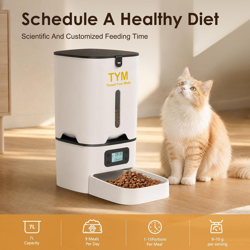 Comedero Automático para Gatos 7L, Dispensador de Comida 9 Comidas/Día para Gatos y Perros Pequeños