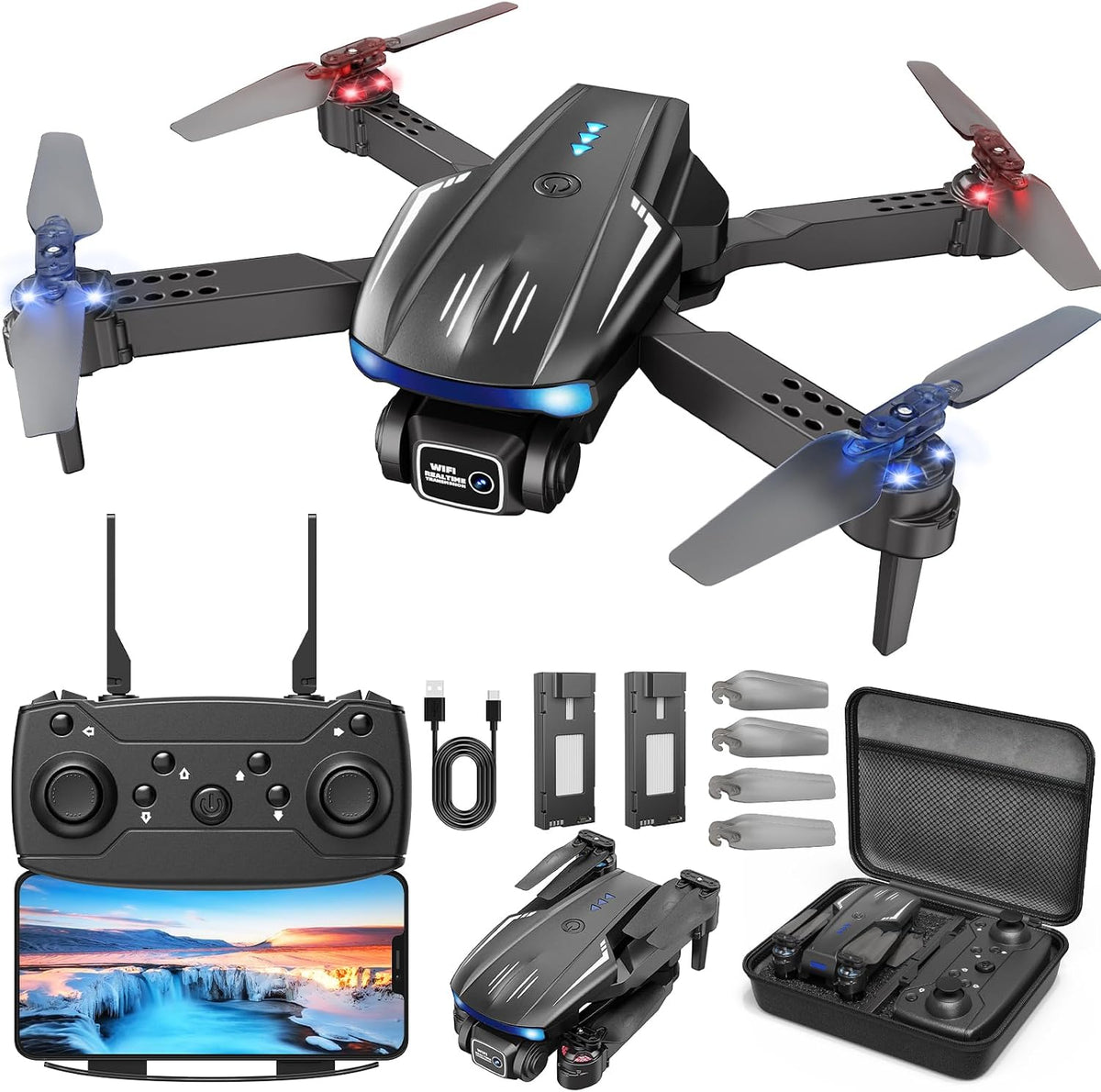 Drone 1080P con cámara para niños y adultos, dron plegable fácil de volar para principiantes, despegue con una tecla, giro de 360°, selfie por gestos, modo sin cabeza, 2 baterías