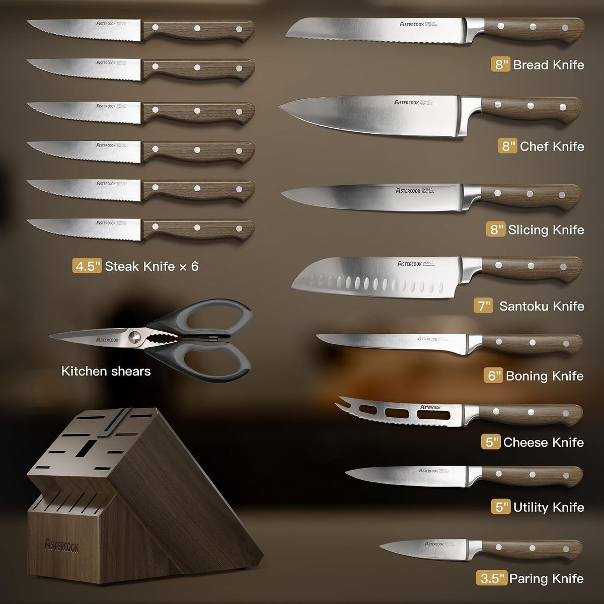 Astercook Juego de 17 cuchillos con afilador incorporado, cuchillos de cocina alemanes de espiga completa de acero inoxidable, juego de cubiertos ergonómicos con mango de nogal para cocina casera y regalo del día del padre para papá