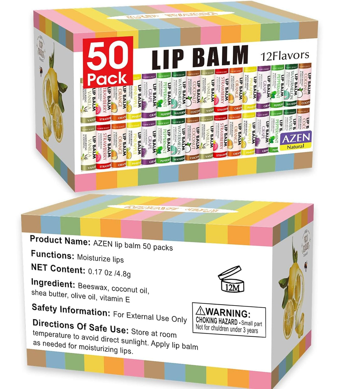 AZEN Paquete de 50 bálsamos labiales a granel, bálsamos labiales hi...