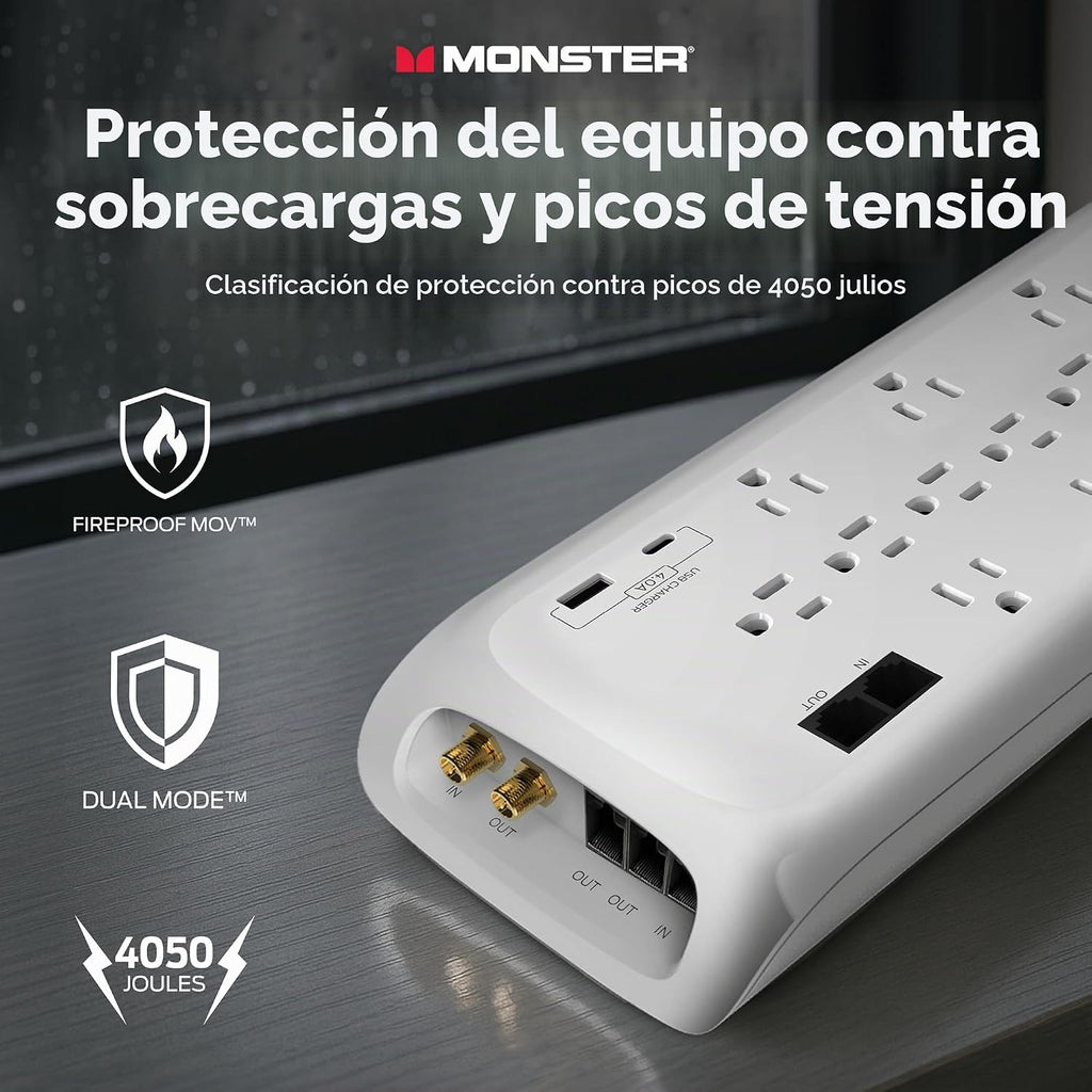 Monster Power Surge Protector w/ 4050 Joule Rating — Heavy Duty 6 FT Surge Protector Power Strip w/ 12 Outlets, 2 USB, 2 Coax, 2 Ethernet puertos — Fireproof MOV, Dual Mode, Clean Tech (blanco)