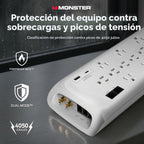Monster Power Surge Protector w/ 4050 Joule Rating — Heavy Duty 6 FT Surge Protector Power Strip w/ 12 Outlets, 2 USB, 2 Coax, 2 Ethernet puertos — Fireproof MOV, Dual Mode, Clean Tech (blanco)