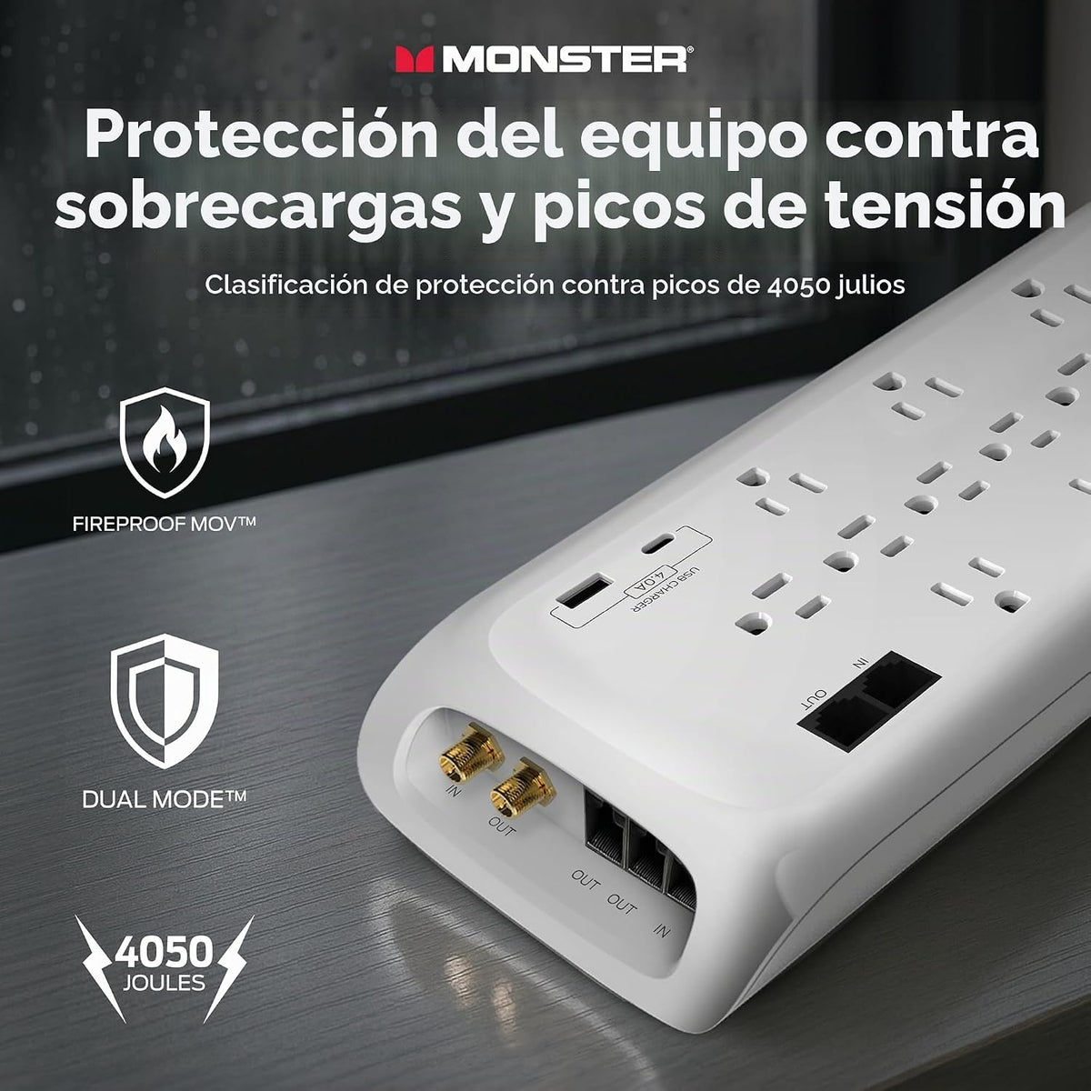 Monster Power Surge Protector w/ 4050 Joule Rating — Heavy Duty 6 FT Surge Protector Power Strip w/ 12 Outlets, 2 USB, 2 Coax, 2 Ethernet puertos — Fireproof MOV, Dual Mode, Clean Tech (blanco)