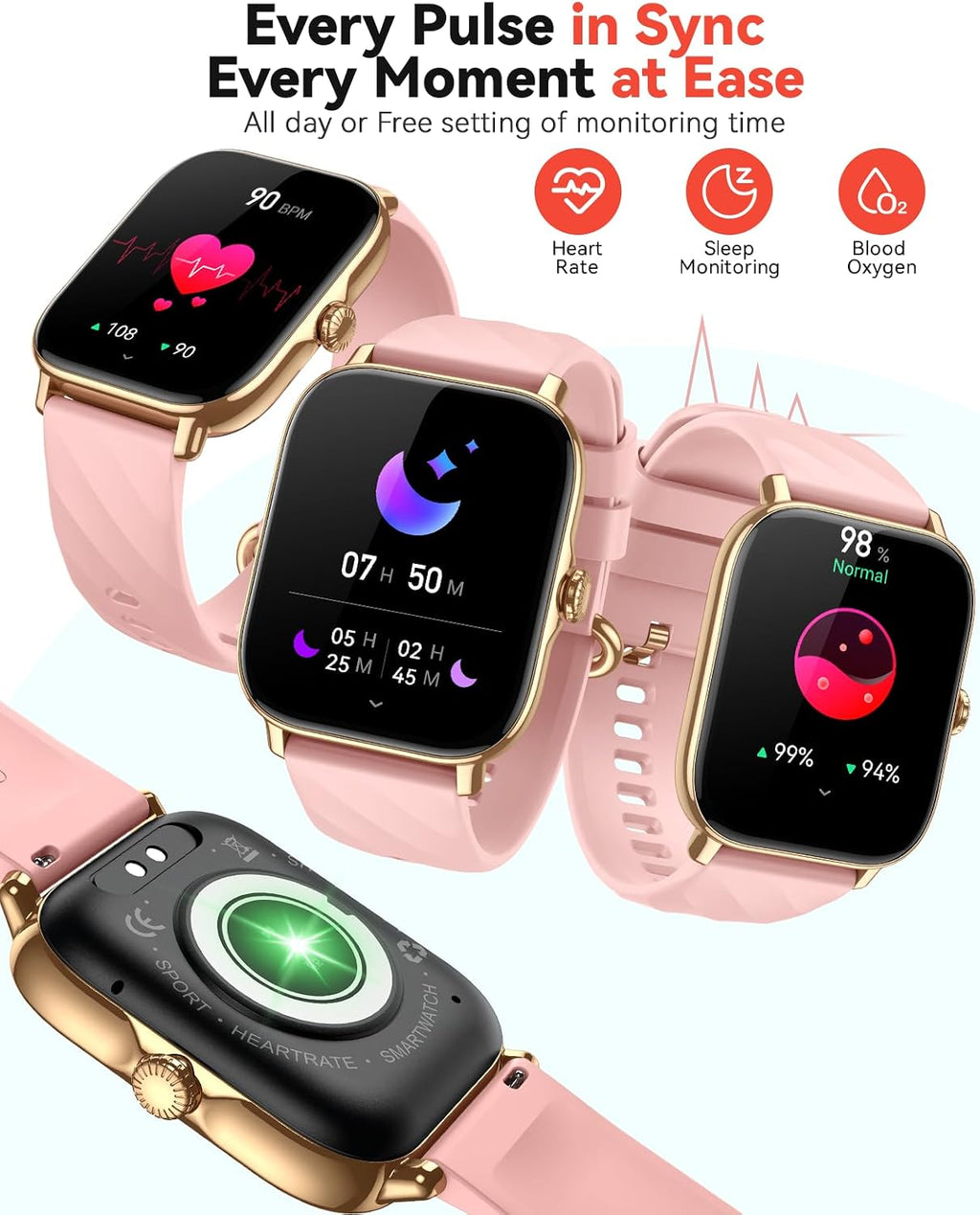 Relojes inteligentes para mujeres y hombres con contador de pasos, monitor de calorías de sueño, podómetro, impermeable IP68, reloj inteligente con más de 120 deportes para iPhone y Android (rosa)