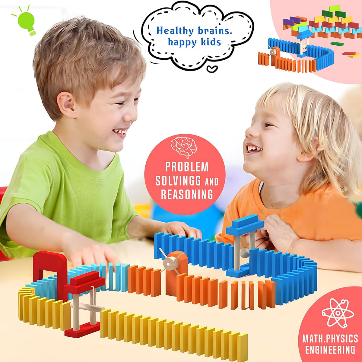Migargle Juego de dominó de madera de 1200 piezas con 11 bloques de dominó adicionales y bolsa de almacenamiento, juego de carreras de dominó a granel para niños, juguete educativo con temática de dominó