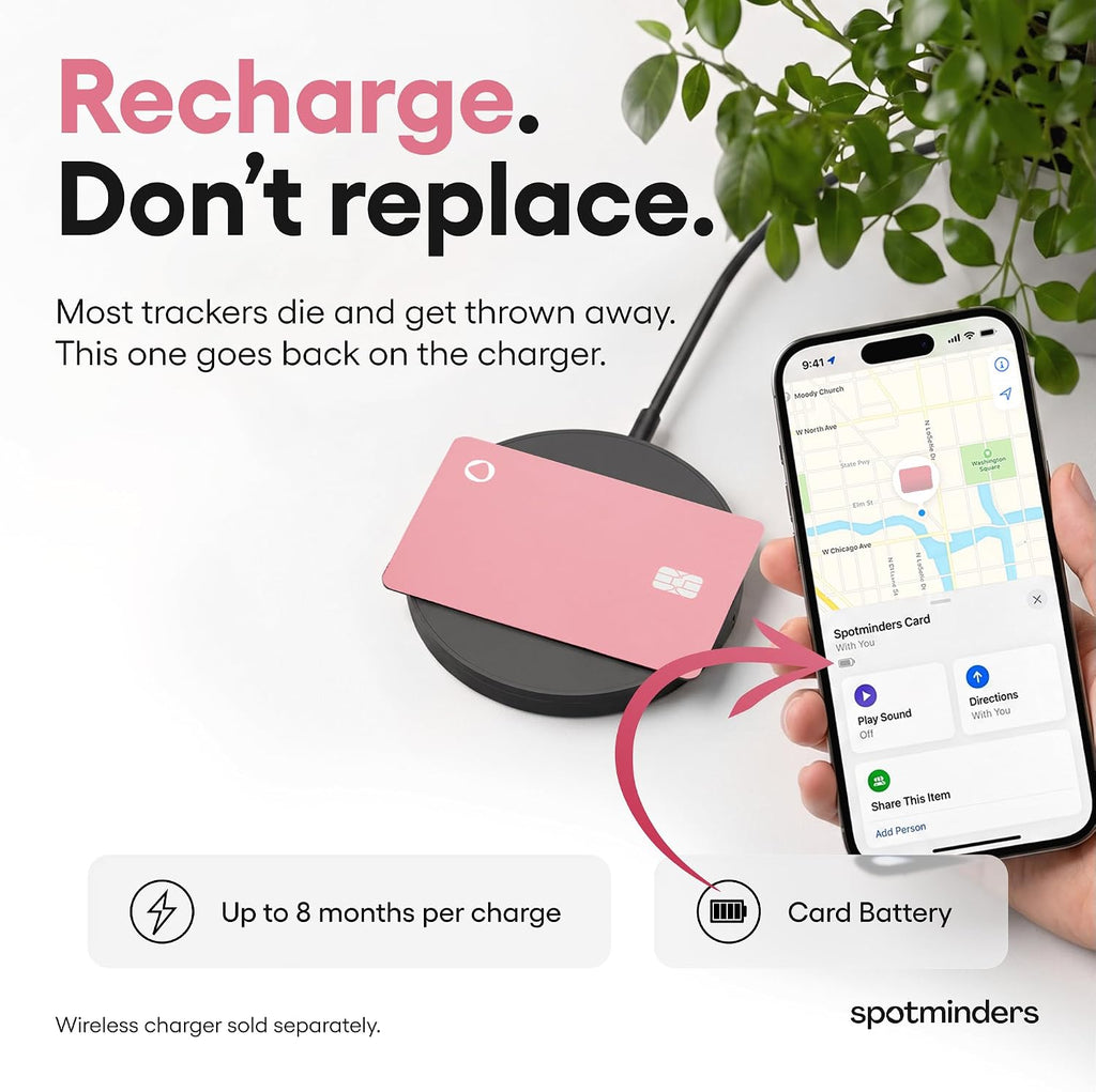 SPOTMINDERS - Cartera de tarjeta de crédito con certificación MFi de Apple, color rosa (solo iOS), esencial de viaje para mujer, funciona con Apple Find My Tarjeta de seguimiento recargable, IP68, 0.07 pulgadas, buscador de artículos delgado para