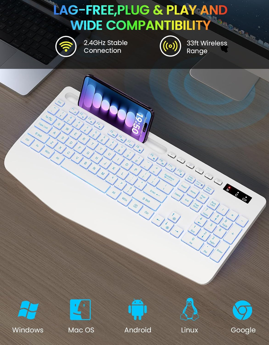 Teclado inalámbrico con retroiluminación de 7 colores, reposamuñeca...