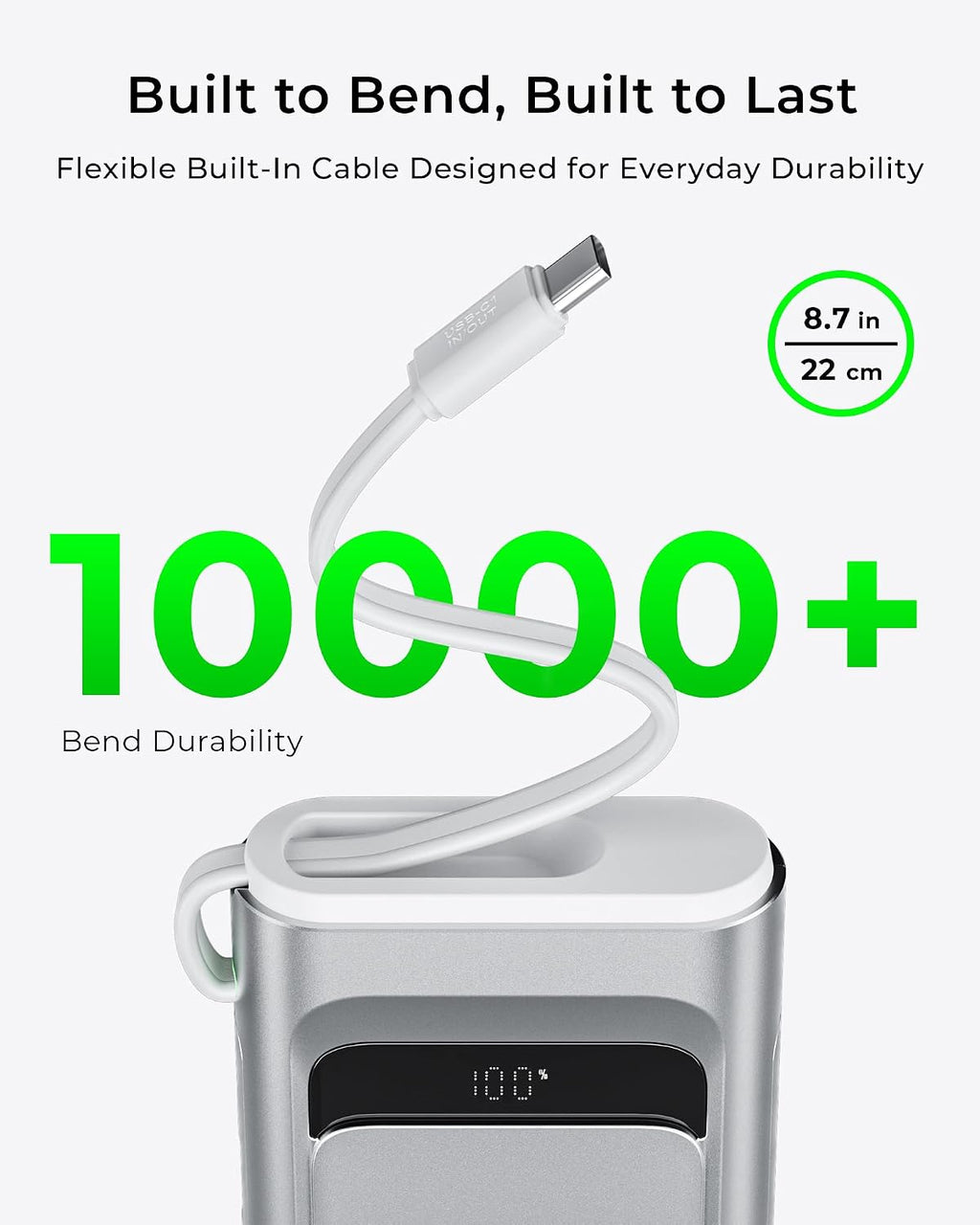 Cargador portátil de 100 W, banco de energía de 10000 mAh con cable