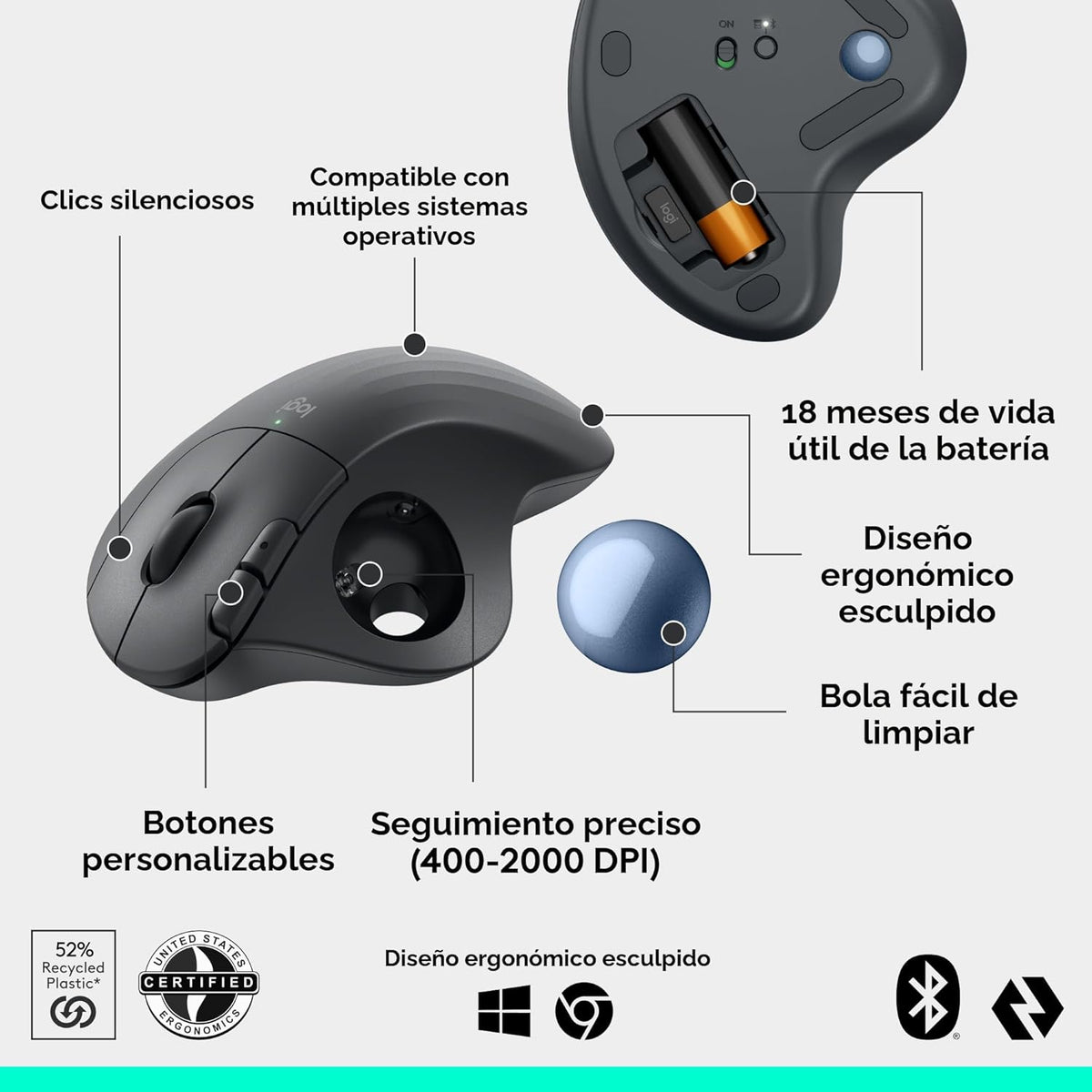 Logitech Ergo M575S Ratón inalámbrico de Trackball, mouse ergonómic...