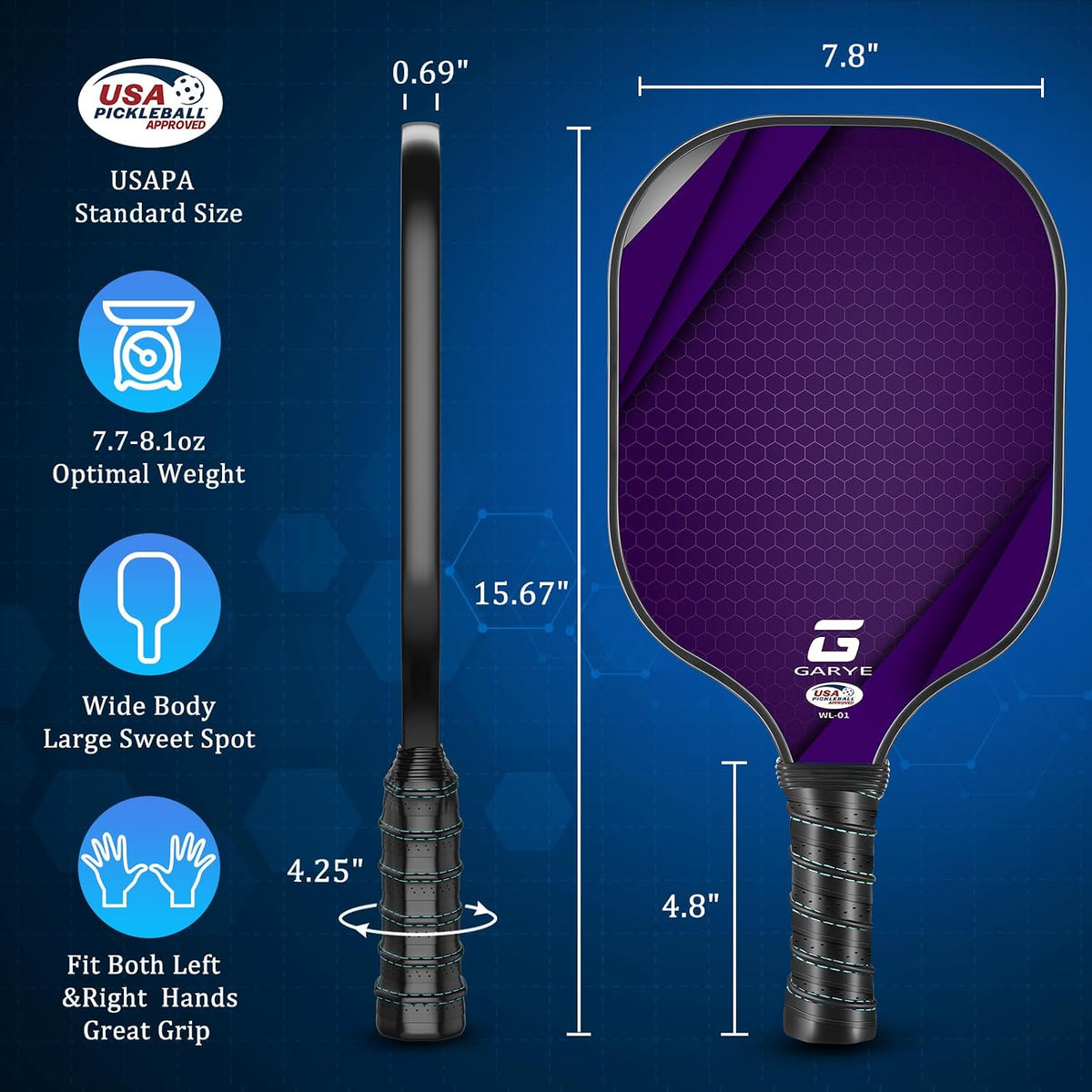 GARYE Juego de 2/4 palas de pickleball aprobadas por USAPA, juego de pickleball de fibra de carbono, raquetas ligeras de pickleball, paquete de 2/4 con 6 bolas, 1 bolsa, par de cintas de agarre