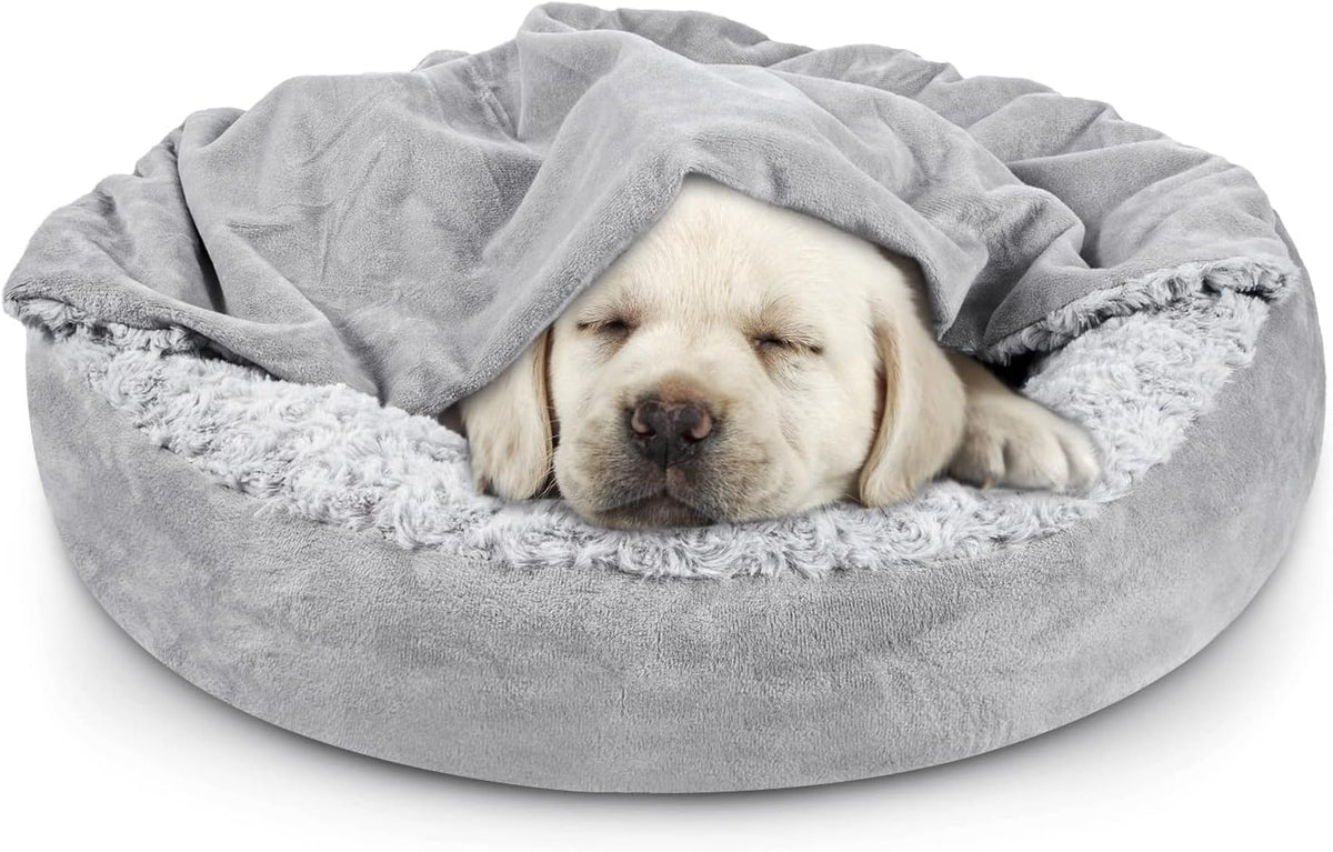JOEJOY Cama pequeña para perros y gatos con manta con capucha, acogedora cama de lujo para cachorros y mascotas, redonda en forma de dona, calmante y antiansiedad, cama cueva para perros, parte