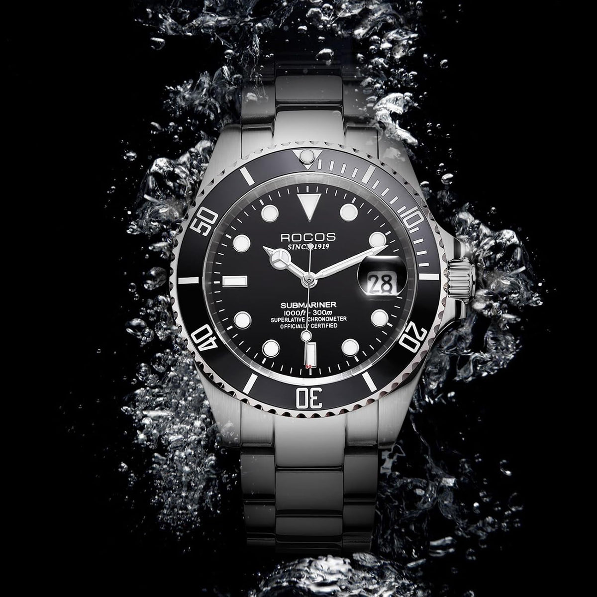 ROCOSJEWE Reloj mecánico automático para hombre, esfera negra, bisel de cerámica, impermeable, pantalla de calendario luminoso, correa ajustable de acero inoxidable, regalos R0158black