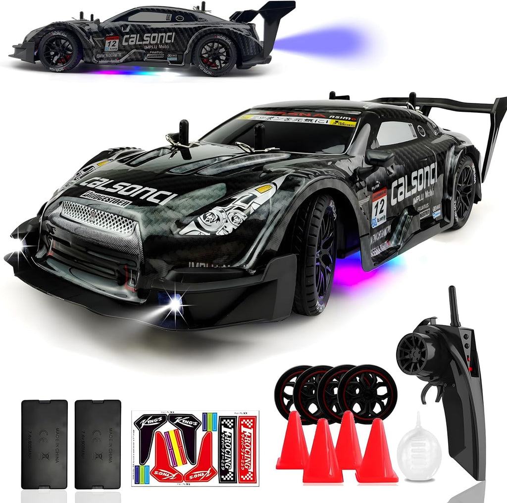 1:16 RC Drift Car 2.4GHz Spray 4WD Luces LED de Alta Velocidad de Control Remoto de 30+KM/H 2 Baterías 60Min Velocidad Variable Indefinidamente Juguetes de Coches de Deriva para Adultos y