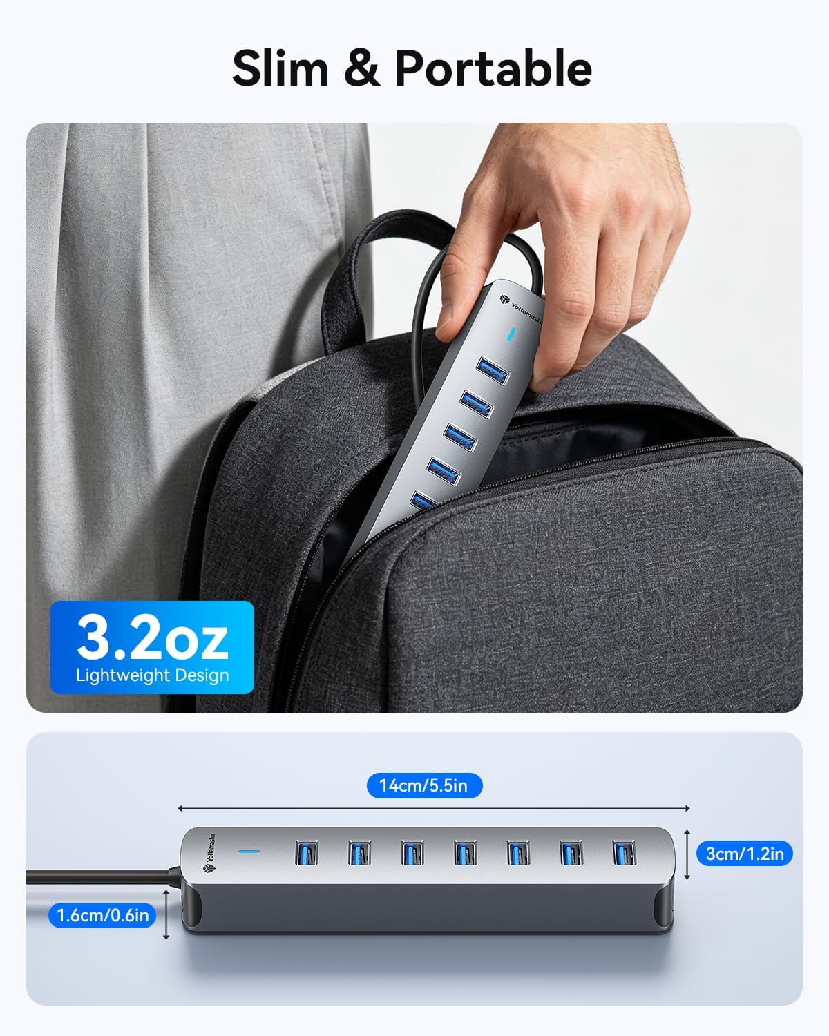 Yottamaster, hub USB 3.0 de 7 puertos, con puerto de carga inteligente, adaptador 5V/3A