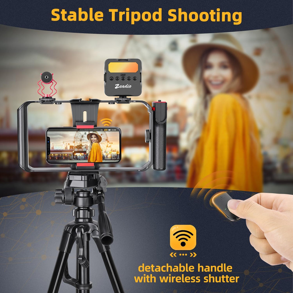 Zeadio Kit de aparejo de video para teléfono inteligente todo en uno, plataforma de jaula de teléfono variable con luz de video RGB, micrófono de escopeta, estabilizador de video universal para iPhone/Android, cinematografía, vlogging, YouTube, TikTok