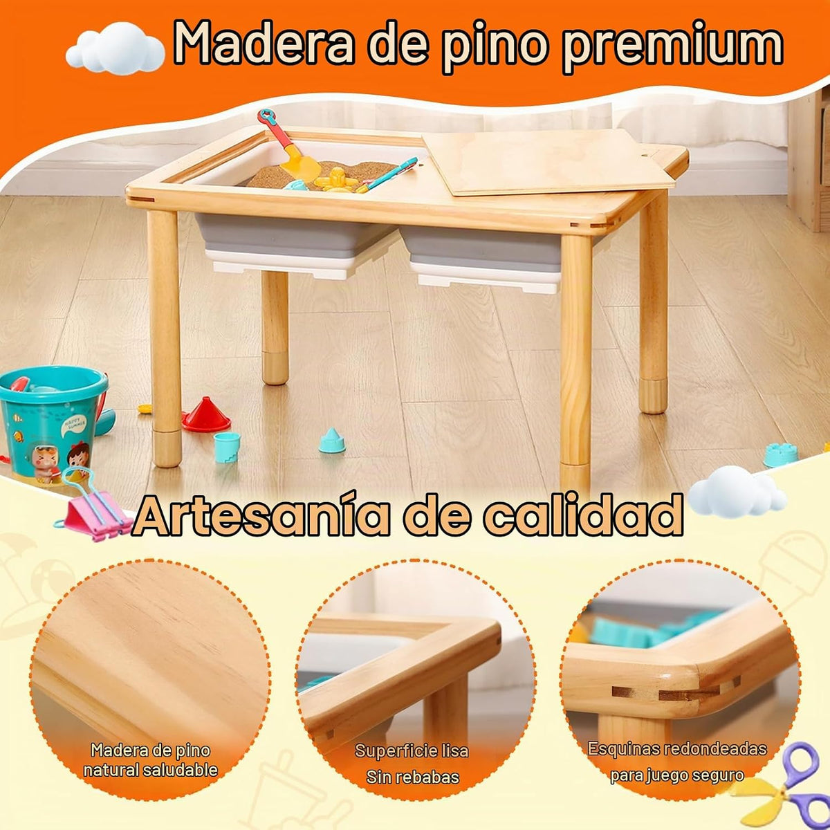 FUNLIO Mesa sensorial de madera para niños pequeños de 1 a 5 años, mesa de actividades para niños de 3 niveles de altura ajustable con tapa de madera contrachapada antideformación, mesa de arena y agua para interiores y exteriores, certificado CPC