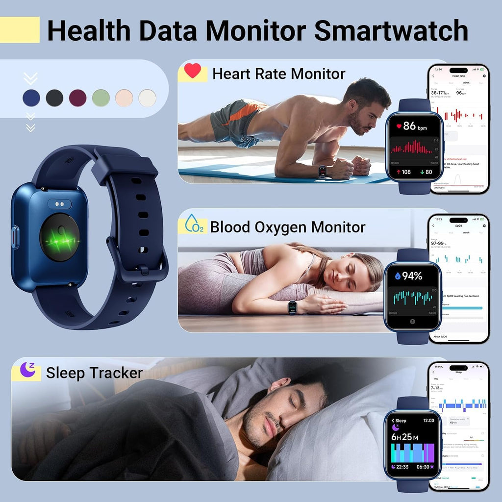 Reloj inteligente para mujeres/hombres, compatible con Android y iPhone, reloj de seguimiento de actividad física de 1.8 pulgadas con Alexa, alertas de llamadas y notificaciones, monitor de frecuencia