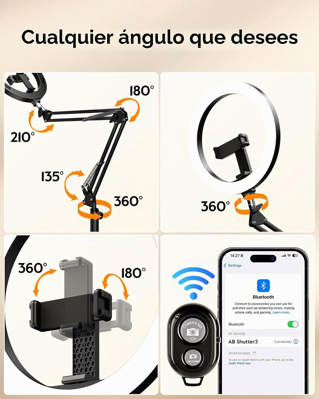 LUXSURE Trípode para iPhone con Luz, soporte panorámico de 71" para teléfono con soporte para teléfono, Anillo de luz ajustable con soporte y trípode para iPhone para grabación de video, Cocina, Pintura, TikTok, YouTube