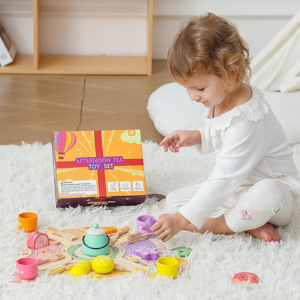 JAUNTY Tea Party Set Toy para Girl 3 4 5 Years Old, Wooden Pretend Play Kitchen Toy Food para 3 Year Old Little Girls , Great Educational 1st Birthday para 3-5 Toddler Girls Boys