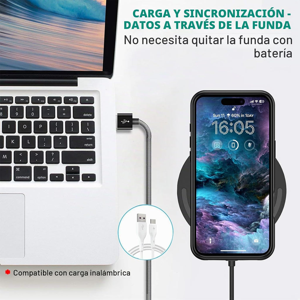 Funda de carga inalámbrica para iPhone 16, 10000mAh de alta capacidad, portátil, recargable, funda protectora de batería extendida, carga inalámbrica Qi con iPhone 16 (6.1 pulgadas) Funda de cargador de batería extendida (negro)