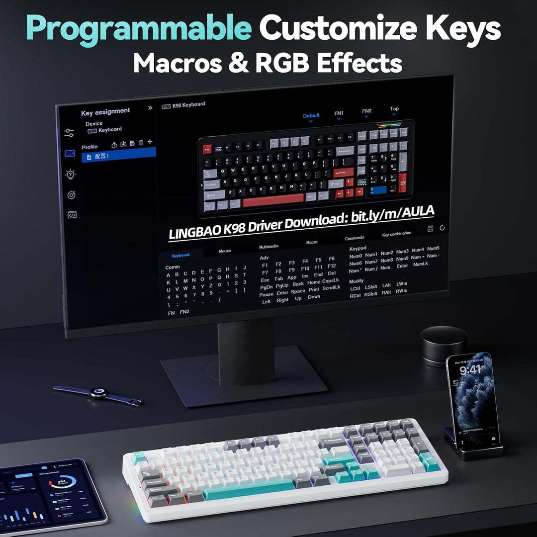 LINGBAO K98 - 96% teclado mecánico inalámbrico, batería de 10000 mA...