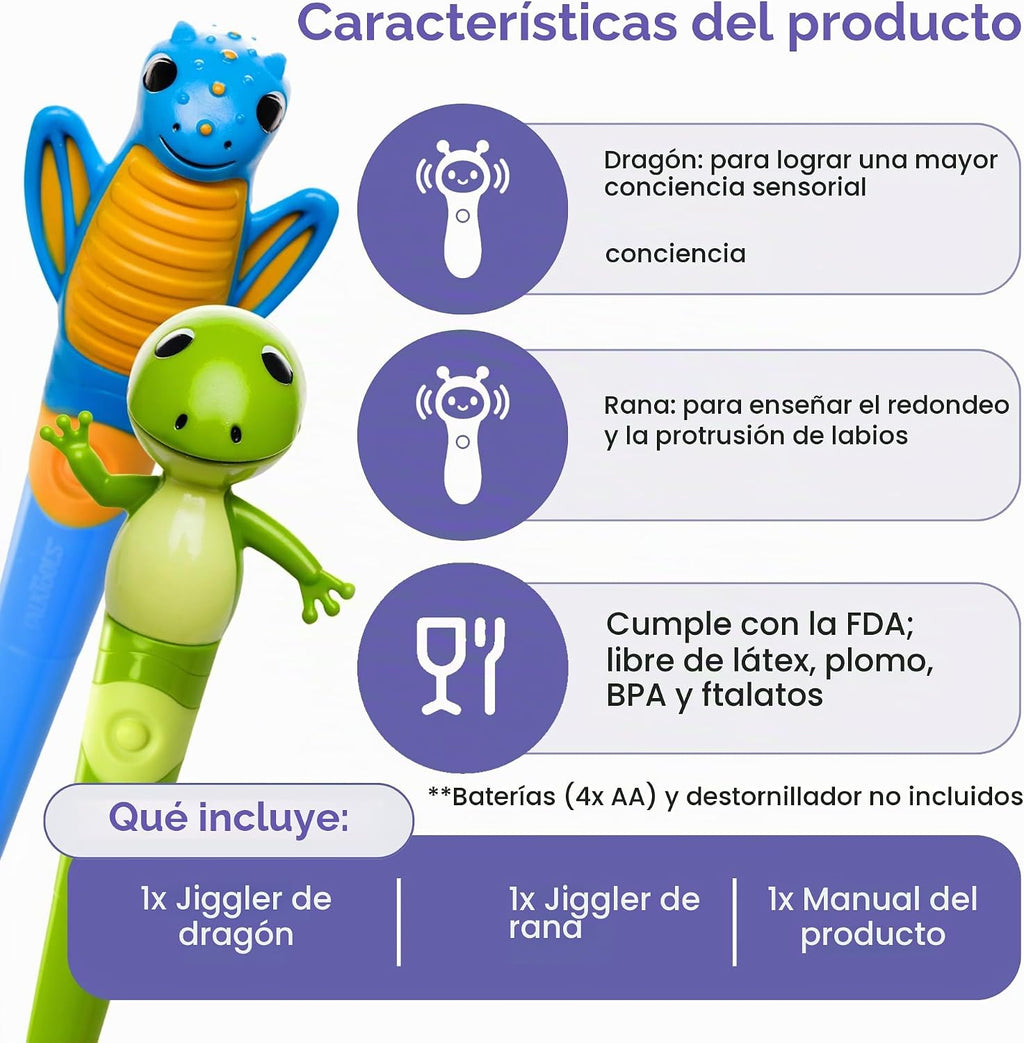 TalkTools Jiggler - Herramienta motora oral para niños, masajeador facial oral, conciencia sensorial para mandíbula y labios, vibración calmante para habla y alimentación, dragón y rana, juego de 2