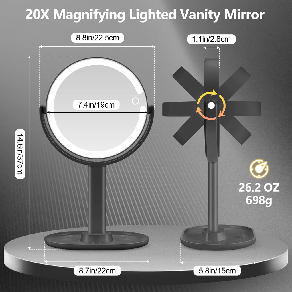 MIYADIVA Espejo de maquillaje con luces, espejo de aumento 20X con luz e interruptor táctil, espejo de tocador con 3 luces de color y 80 LED, espejos ampliados iluminados de 2 lados de 8.8 pulgadas, color negro