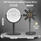 MIYADIVA Espejo de maquillaje con luces, espejo de aumento 20X con luz e interruptor táctil, espejo de tocador con 3 luces de color y 80 LED, espejos ampliados iluminados de 2 lados de 8.8 pulgadas, color negro