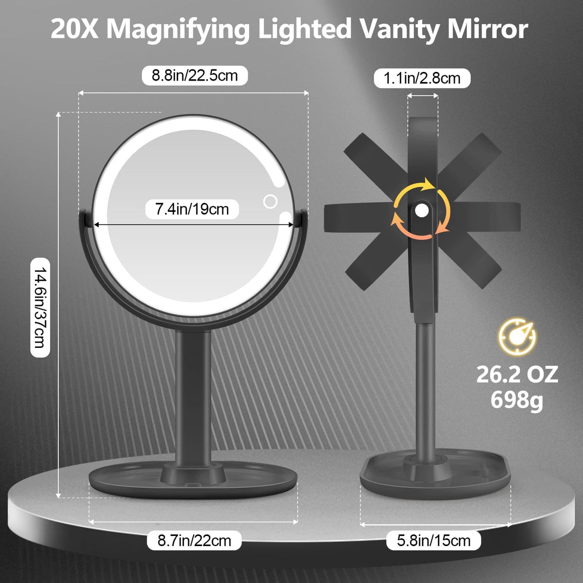 MIYADIVA Espejo de maquillaje con luces, espejo de aumento 20X con luz e interruptor táctil, espejo de tocador con 3 luces de color y 80 LED, espejos ampliados iluminados de 2 lados de 8.8 pulgadas, color negro